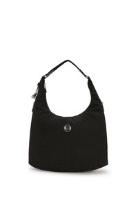 Borsa hobo nera in tessuto con motivo texturizzato, tracolla regolabile e accento con logo circolare sul fronte. Chiusura con zip nella parte superiore.