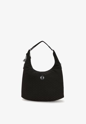 Borsa hobo nera in tessuto con motivo texturizzato, tracolla regolabile e accento con logo circolare sul fronte. Chiusura con zip nella parte superiore.