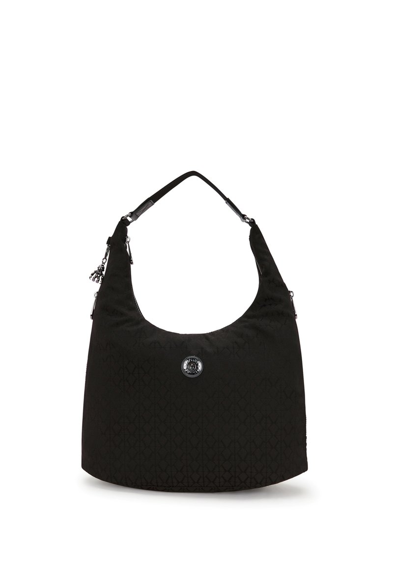 Borsa hobo nera in tessuto con motivo texturizzato, tracolla regolabile e accento con logo circolare sul fronte. Chiusura con zip nella parte superiore.