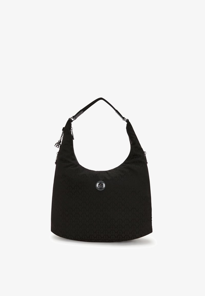 Borsa hobo nera in tessuto con motivo texturizzato, tracolla regolabile e accento con logo circolare sul fronte. Chiusura con zip nella parte superiore.