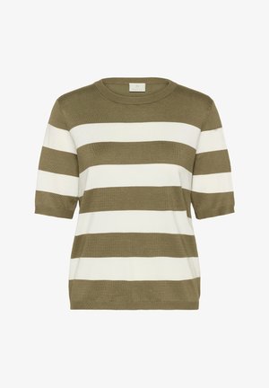 Pletený top s krátkym rukávom s širokými horizontálnymi olivovo zelenými a bielymi pásikmi a okrúhlym výstrihom.