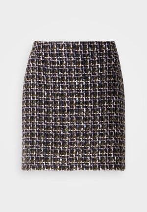 Gonna in tweed intrecciato con motivo a quadri nei toni del nero, viola e oro; presenta una superficie testurizzata e una vita elastica.