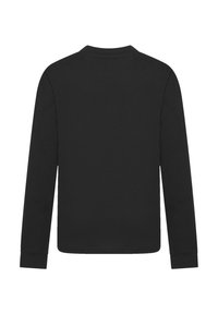 Schwarzes langärmliges Shirt mit Rundhalsausschnitt, aus weichem Stoff, mit gerippten Bündchen und glatter Textur. Rückansicht ohne Grafiken oder Logos.