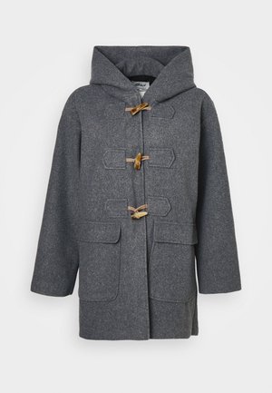Gray wool duffle coat with a hood, toggle closures, two front pockets, and smooth texture. Designed for warmth and comfort.