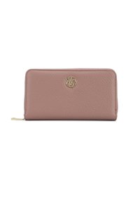 Portafoglio in pelle rosa con finitura testurizzata, dettaglio logo in tonalità oro, chiusura con zip e forma rettangolare. Design compatto per un facile trasporto.