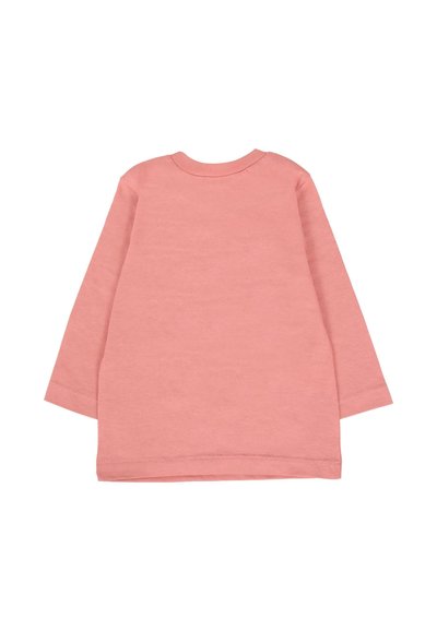 Camicia a maniche lunghe in tessuto rosa chiaro; scollatura rotonda, texture morbida e orlo dritto. Nessun motivo o dettagli hardware notevoli.