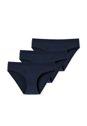 Three navy blue seamless women's bikini briefs stacked diagonally on a white background.