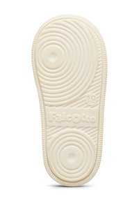 Dětská béžová podešev boty se soustřednými kruhovými vzory, vroubkovaným okrajem, velikost 19 a s embosovaným názvem značky "Falcotto".