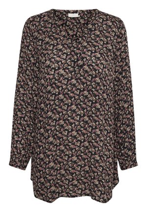 Zwarte blouse met lange mouwen en een bloemenpatroon in beige en rood. Lichtgewicht stof, losse pasvorm, ronde halslijn en zijslits aan de onderkant.
