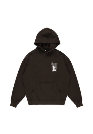 Brązowa bluza z kapturem wykonana z bawełny, z kieszenią z przodu, kapturem ze sznurkiem oraz graficznym nadrukiem na klatce piersiowej z tekstem i detalami projektu.