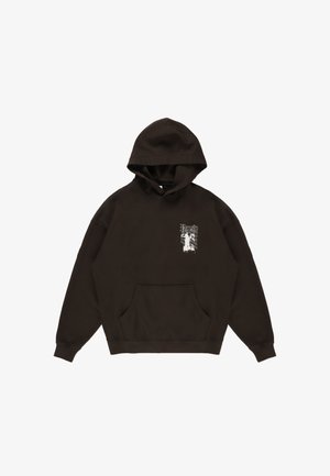 Brązowa bluza z kapturem wykonana z bawełny, z kieszenią z przodu, kapturem ze sznurkiem oraz graficznym nadrukiem na klatce piersiowej z tekstem i detalami projektu.