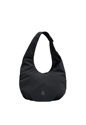Czarna półksiężycowata torba na ramię z szerokim paskiem i subtelnym logo "GOT BAG" na froncie, na środku.