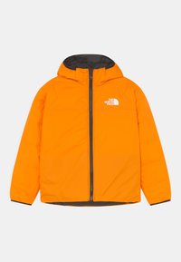 Oranssi puhvitakkia mustalla hupulla ja vetoketjulla. Ominaisuuksiin kuuluvat logo rinnassa ja tikattu muotoilu eristykselle.