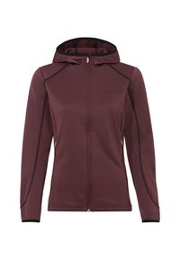 Bordeaux-Rote Softshelljacke mit Kapuze, schwarzen Akzenten, einem Frontreißverschluss und seitlichen Taschen. Hergestellt aus dehnbarem, atmungsaktivem Material.