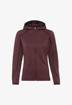 Bordeauxkleurige softshelljack met een capuchon, voorzien van zwarte accenten, een ritssluiting aan de voorkant en zijzakken. Gemaakt van rekbare, ademende stof.