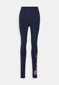 Navy blue leggings made of stretchy fabric, featuring a high waist and a logo print in red on the lower left leg. Smooth texture overall.