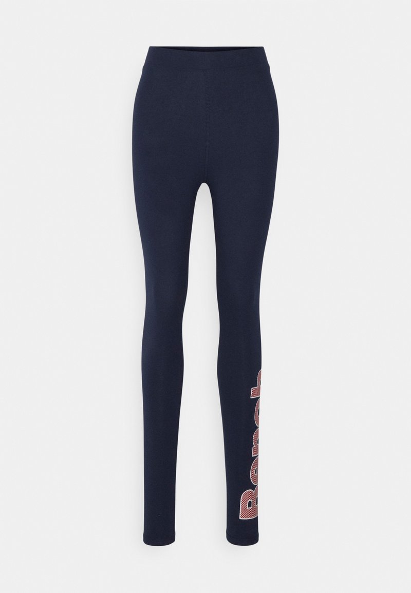 Navy blue leggings made of stretchy fabric, featuring a high waist and a logo print in red on the lower left leg. Smooth texture overall.