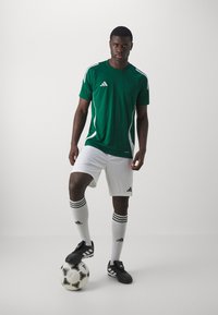 Groene sporttrui met witte accenten, gecombineerd met witte shorts en zwarte voetbalschoenen. Speler staat op een zwart-wit voetbalschoen.