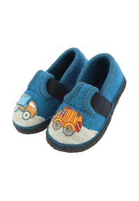 Filzslipper in Blau mit schwarzer Gummisohle. Mit orangefarbenem Truck-Stickerei auf den Zehen und einem schwarzen Klettverschluss für einen sicheren Sitz.