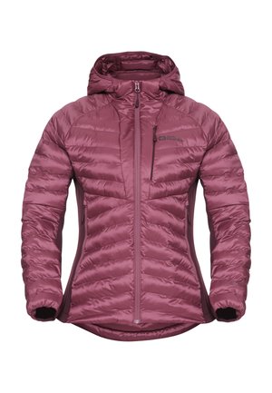 Gewatteerde mauve jas met capuchon, voorritssluiting, ritssluitend borst- en zijzakken, getailleerde pasvorm en Jack Wolfskin-logo op de borst.