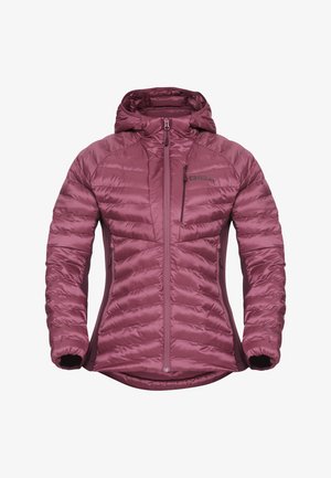 Padded mauve Jacke mit Kapuze, Frontreißverschluss, Reißverschluss-Brust- und Seitentaschen, taillierte Form und Jack Wolfskin Logo auf der Brust.