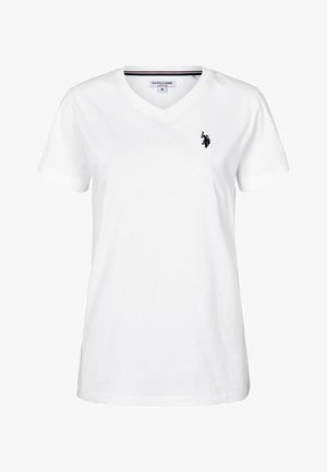 Weißes Baumwoll-T-Shirt mit V-Ausschnitt, kurzen Ärmeln und einem kleinen schwarzen Logo auf der linken Brust. Einfaches Design, glatte Textur. Größe M.