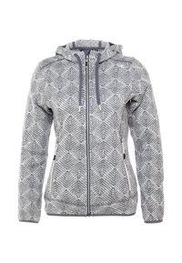 Veste légère à fermeture éclair avec un tissu à motif géométrique gris et blanc, une capuche, et des accents bleu marine sur la fermeture éclair et l'ourlet.