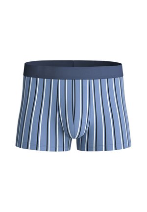 Blauwe boxershort met verticale witte en zwarte strepen en een effen donkere tailleband.