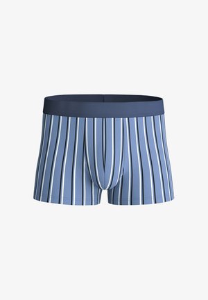 Blaue Boxershorts mit vertikalen weißen und schwarzen Streifen und einem einfarbigen dunklen Bund.