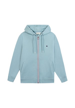 Light blue zip-up hoodie with drawstring hood, front pockets, and small dark tree logo on the left chest.