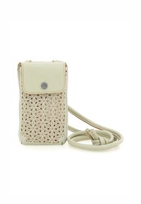 Pochette de téléphone en cuir vert avec découpes florales, fermeture à rabat magnétique et sangle réglable. Les détails texturés améliorent le design.