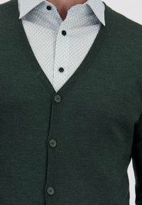 Donkergroene cardigan met knopen over een lichtgepatteerde overhemd met kraag, met zicht op het bovenste deel van de borst en de nek.