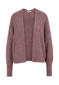 Cardigan cu faţa deschisă, realizat dintr-un material moale, cu aspect nervurat. Prezintă o croială lejeră, mâneci lungi și o culoare mauve. Fără închideri sau ornamente.