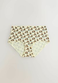 Sous-vêtements taille haute pour femmes avec un fond crème et des motifs répétés d'ours bruns, posés à plat sur une surface claire.