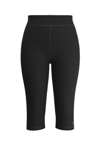 Leggings capri negros hechos de una tela elástica, con una cinturilla ancha y detalles de costura sutiles, y un pequeño logotipo en el dobladillo.