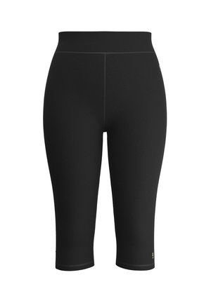 Black capri leggings made of stretchy fabric, featuring a wide waistband and subtle stitching details, with a small logo at the hem.