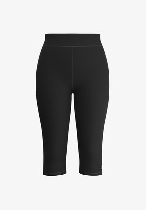 Black capri leggings made of stretchy fabric, featuring a wide waistband and subtle stitching details, with a small logo at the hem.
