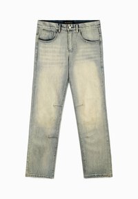 Jean gris clair droite avec une légère décoloration et des effets whiskering, fermeture par boutons et zip, design cinq poches.