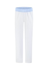 Lightweight, striped pants in white and blue with an elastic waistband. Straight-leg design, smooth texture, and no visible pockets.