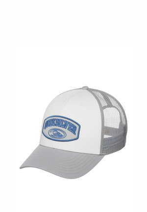 Biało-szara siatkowa czapka typu trucker z niebieską naszywką z logo "Quiksilver" z przodu i zakrzywionym daszkiem.