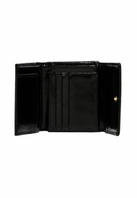 Portefeuille en cuir noir avec une finition brillante. L'intérieur comprend plusieurs emplacements pour cartes, une section spacieuse pour les billets, et une fermeture à pression.