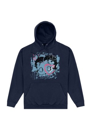 Marineblå hættebluse med et grafisk motiv af et tegneserieansigt med et hjerte, sprøjtede mønstre i lyseblå, pink og grå; frontlomme inkluderet.