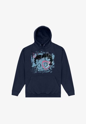 Granatowy jakakot skład z grafiką rysunkowej twarzy z sercem, z rozpryskami w jasnoniebieskim, różowym i szarym; z przodu kieszonka.