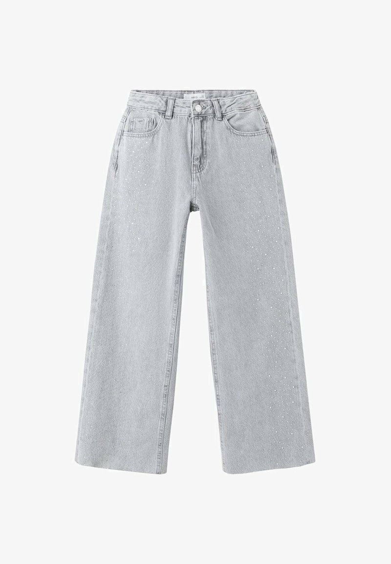 Vyprané šedé široké džíny z denimu. Mají přední kapsy a dekorativní výřezy podél stran pro zvýraznění detailů.