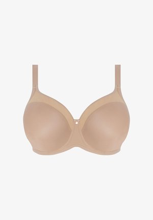 Sujetador de color beige con aros, copas lisas y moldeadas, y tirantes ajustables. Presenta un sutil brillo y un pequeño adorno decorativo en el centro.