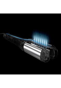 Outil de coiffure au corps transparent, accents métalliques argentés et effets lumineux bleus, mettant en valeur sa technologie interne et son design.