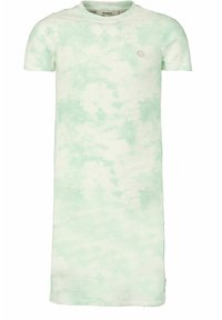 Abito a maniche corte in cotone a coste con motivo tie-dye verde chiaro e bianco e piccolo logo sul lato sinistro del petto.