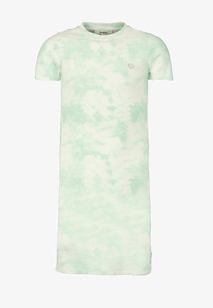 Robe à manches courtes en ribbed avec un motif tie-dye vert clair et blanc et un petit logo sur la poitrine gauche.