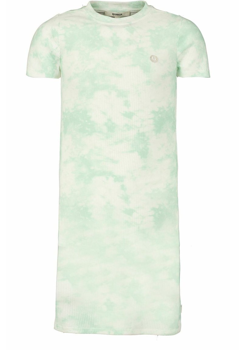 Abito a maniche corte in cotone a coste con motivo tie-dye verde chiaro e bianco e piccolo logo sul lato sinistro del petto.