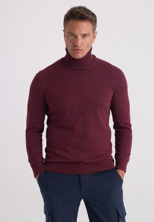 Homme portant un pull à col roulé bordeaux et un pantalon cargo bleu marine, debout les mains dans les poches devant un fond uni.